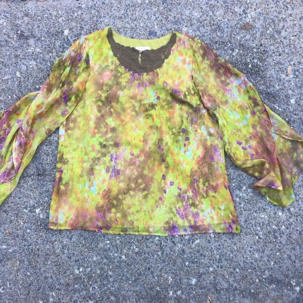 Sundance Marbled Watercolor Yellow Draped Cape Split Sleeve Colorful Silk Top